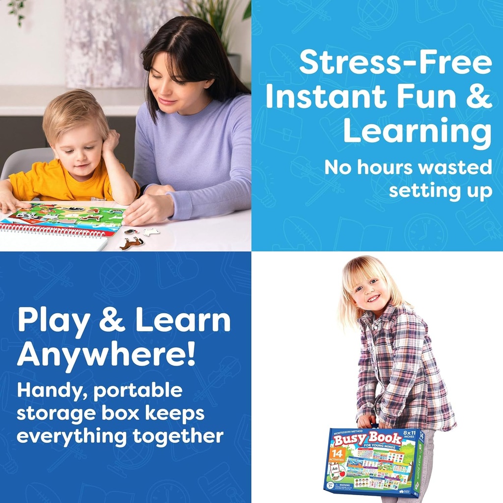 Montessori Preschool Busy Book for Toddlers Ages 3 and Up - Preassembled - Preschool Learning Activities Homeschool Montessori Toys